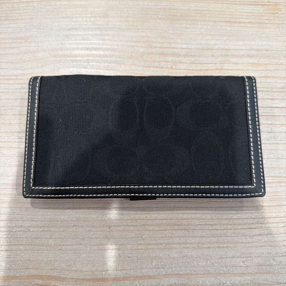Coach Black Canvas Signature Logo Leather Trim Check Book Cover